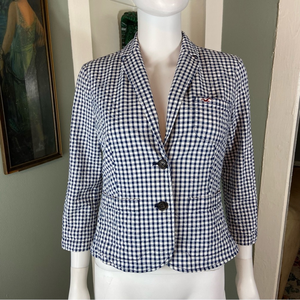 Hollister Seersucker Small Navy Blue White Gingham Plaid Checkered Blazer Jacket